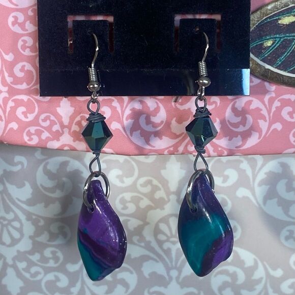 Purple Teal Dangle Earrings Handcrafted NWT Custom Made Lightweight Jewelry - Picture 1 of 5